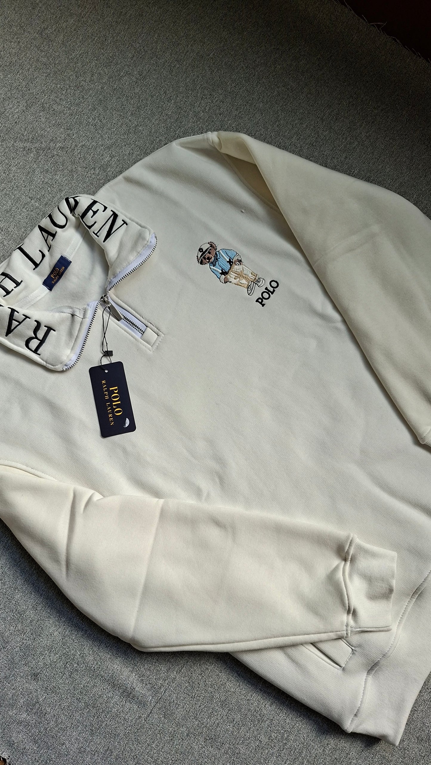 ''RALPH LAUREN BEAR QUARTER ZPPER- WHITE