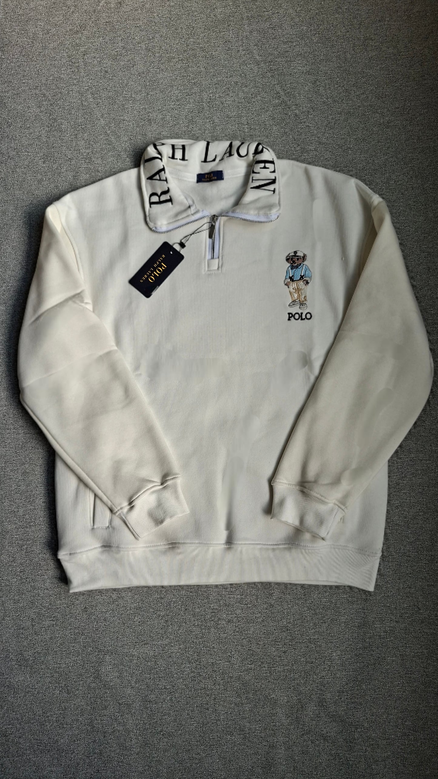 ''RALPH LAUREN BEAR QUARTER ZPPER- WHITE
